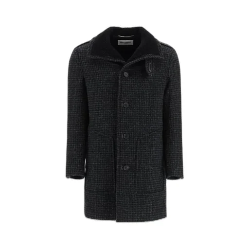 Shearling-Collar Check Wool Coat
