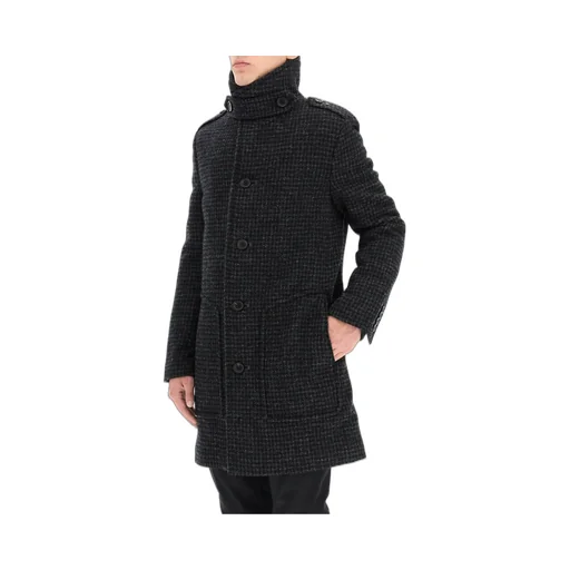 Shearling-Collar Check Wool Coat