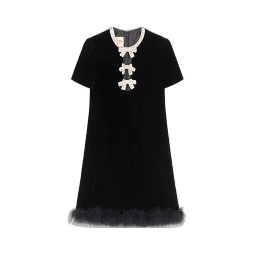 Short-Sleeved Dress With Bows And Feathers