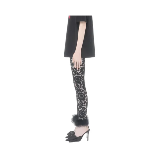 Lace Trousers With Feather Trim