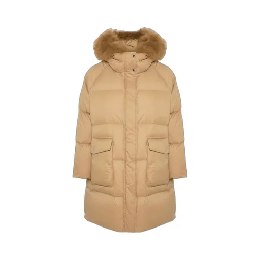 Long Down Jacket With Raglan Sleeves And Fluffy Lambswool Trim