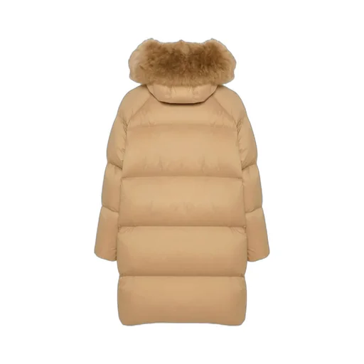Long Down Jacket With Raglan Sleeves And Fluffy Lambswool Trim