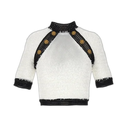 Button-Embellished Tweed Crop Top