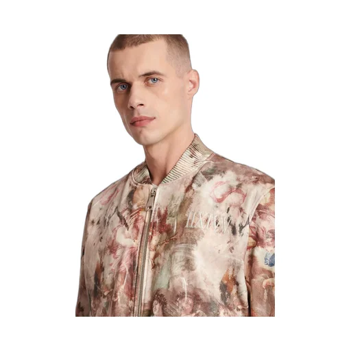 Pastel Print Leather Bomber Jacket