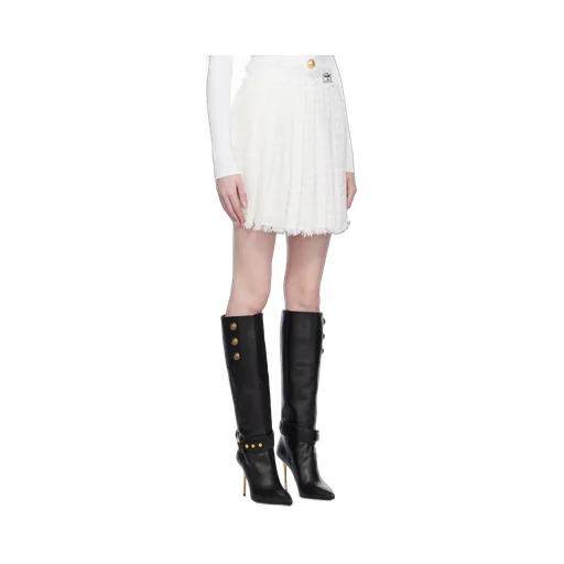 Logo Patch Pleated Tweed Mini Skirt