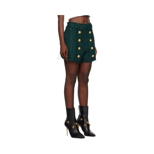 High-Waist Button-Detailed Tweed Shorts