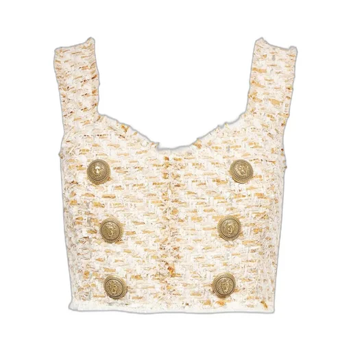 Button-Embellished Tweed Cropped Top