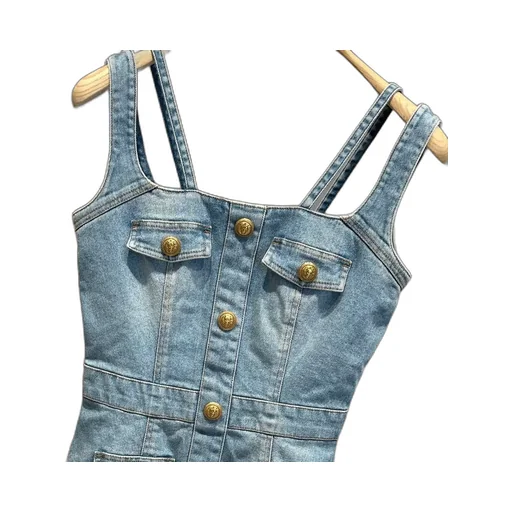 Button Detailed Sleeveless Denim Dress