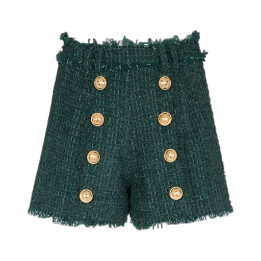 High-Waist Button-Detailed Tweed Shorts