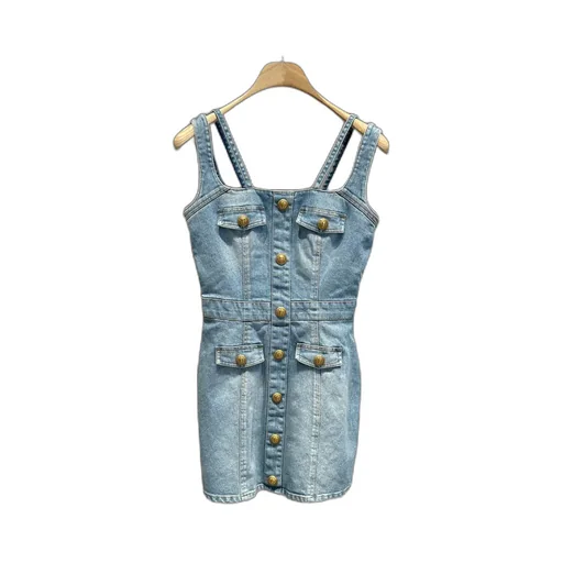 Button Detailed Sleeveless Denim Dress