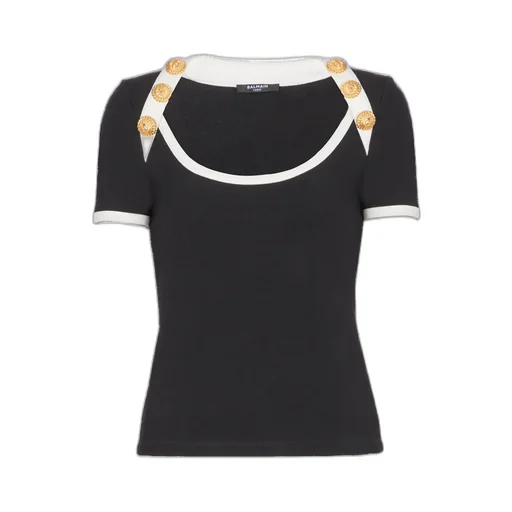 Button Embellished Two-Toned T-Shirt