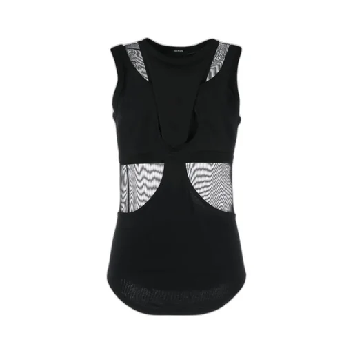 Sleeveless Mix Jersey Mesh Cut Out Top
