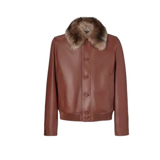 Faux-Fur Collar Leather Bomber Jacket