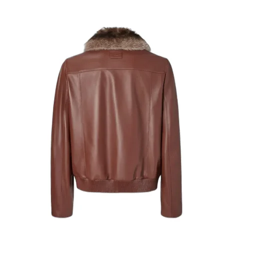 Faux-Fur Collar Leather Bomber Jacket