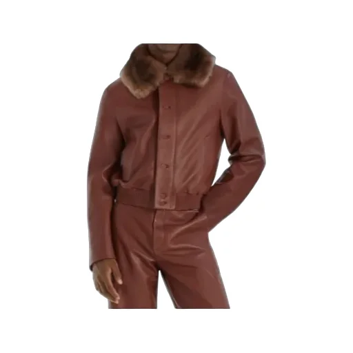 Faux-Fur Collar Leather Bomber Jacket