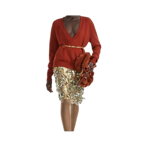 V-Neck Elastic Waistband Knitted Jumper