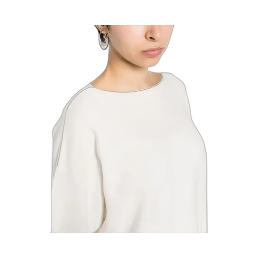 Beaded-Trim Wide-Neck Knitted Blouse