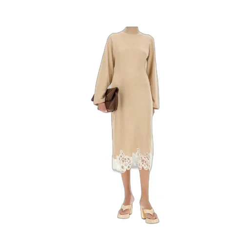 Lace-Edge Turtleneck Knitted Dress