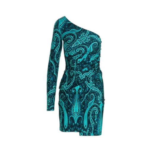 Paisley-Printed One-Shoulder Asymmetric Mini Dress