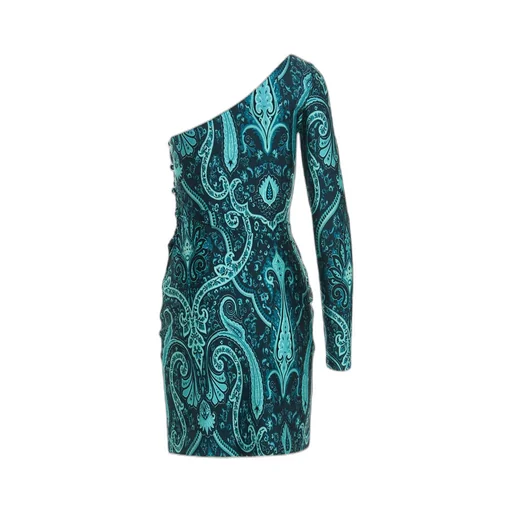 Paisley-Printed One-Shoulder Asymmetric Mini Dress