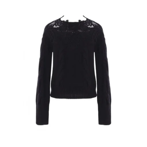 Lace-Insert Cable-Knit Crewneck Jumper