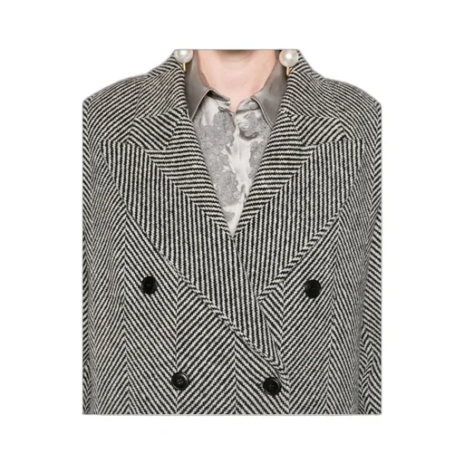 Herringbone-Pattern Double-Breasted Coat