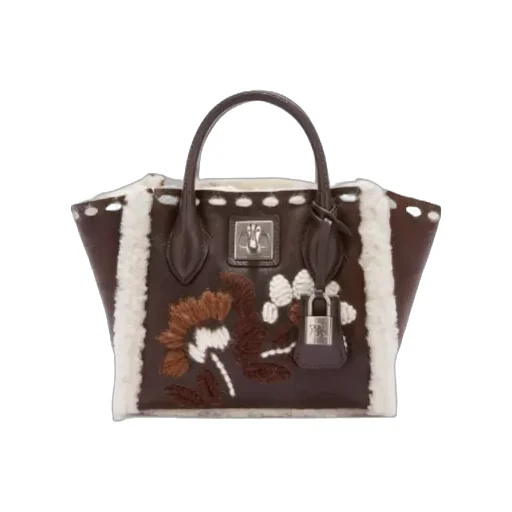 Floral-Embroidered Sheepskin Top Handle Bag
