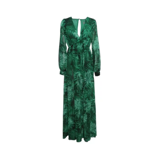 Leaves-Printed V-Neck Maxi Dress