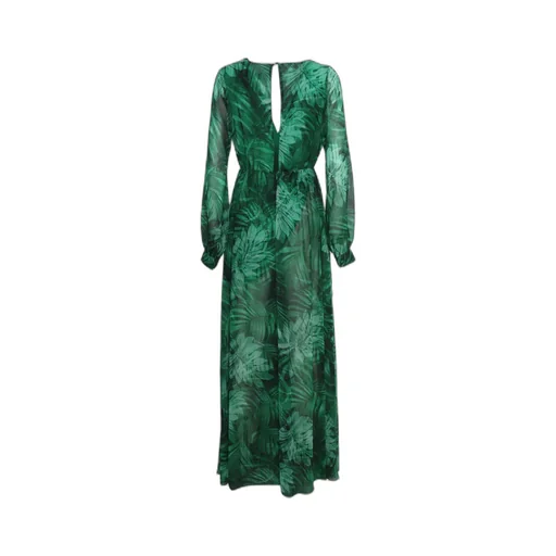 Leaves-Printed V-Neck Maxi Dress