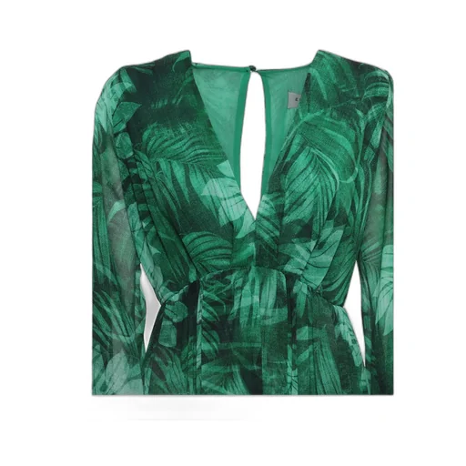 Leaves-Printed V-Neck Maxi Dress