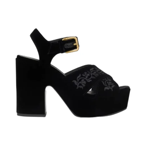 Velvet Platform Sandals With Embroidery