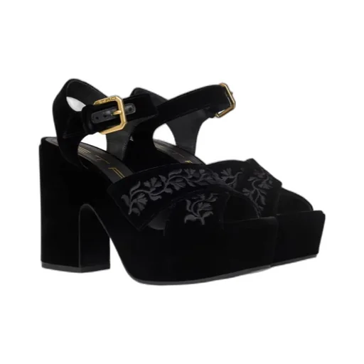 Velvet Platform Sandals With Embroidery