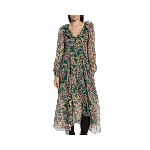 Long Silk Crepon Dress With Paisley Motif