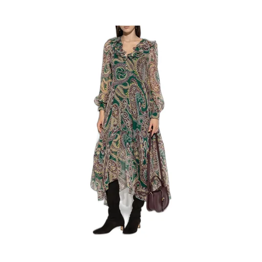 Long Silk Crepon Dress With Paisley Motif