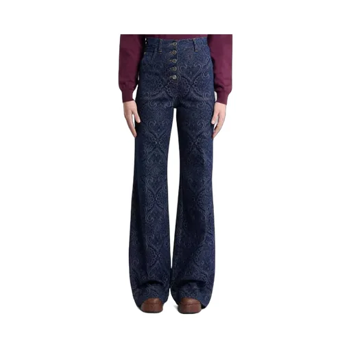 Flared Jacquard Denim Jeans With Pegaso Buttons