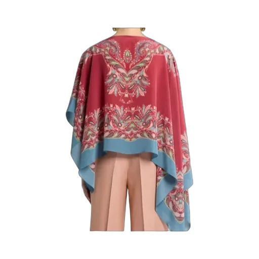 Asymmetric Silk Poncho Top With Placed Print