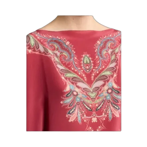 Asymmetric Silk Poncho Top With Placed Print