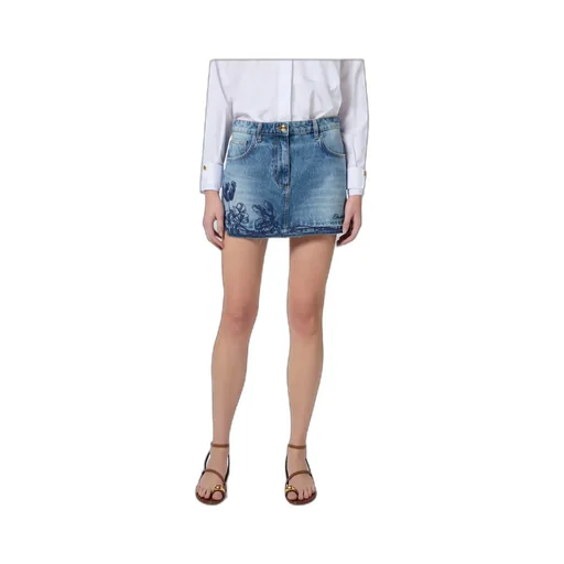 Embroidered-Flowers Denim Mini Skirt