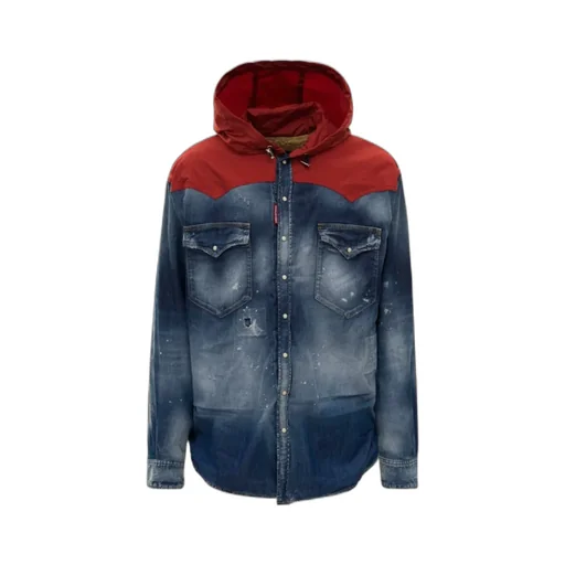 Distressed Hooded Military Denim Overshirt