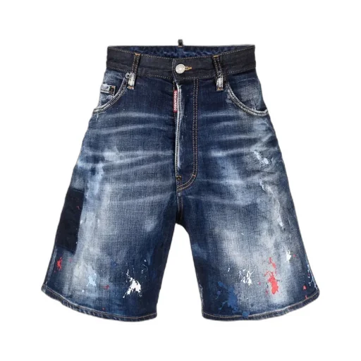 Paint-Splatter Wide-Cut Denim Shorts