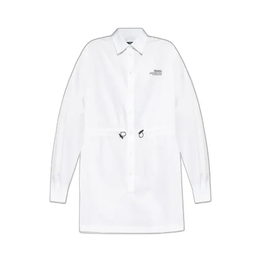 Logo Printed Drawstring Waist Mini Shirt Dress