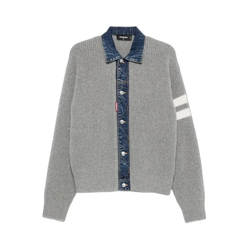 Denim-Panel Ribbed Cardigan