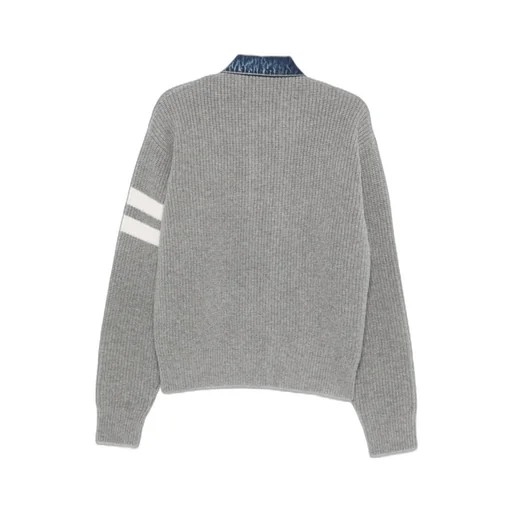 Denim-Panel Ribbed Cardigan
