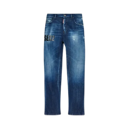 Logo Printed Distressed Straight-Leg Jeans