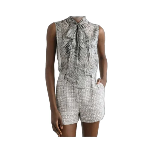 Fur-Printed Chiffon Pussy-Bow Shirt