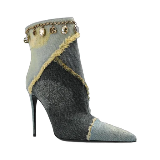 Embellished Pointed Toe Denim Ankle Boots
