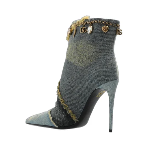 Embellished Pointed Toe Denim Ankle Boots