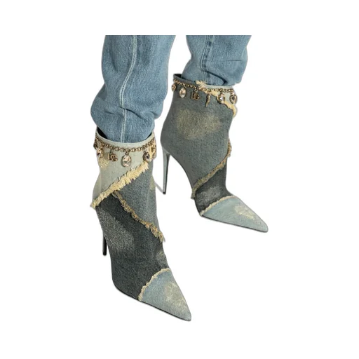 Embellished Pointed Toe Denim Ankle Boots