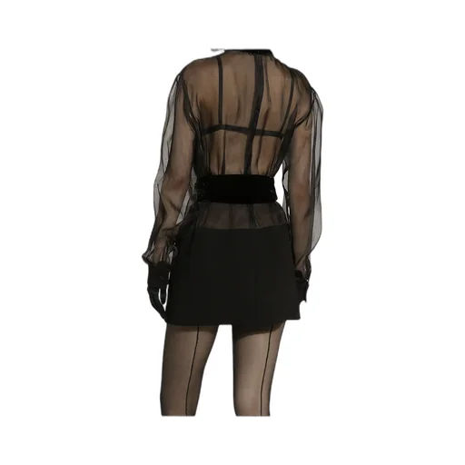 High Velvet Neck Belted Mini Dress