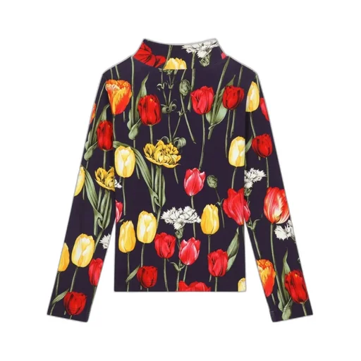 Tulip Printed Interlock Mock Turtle-Neck T-Shirt